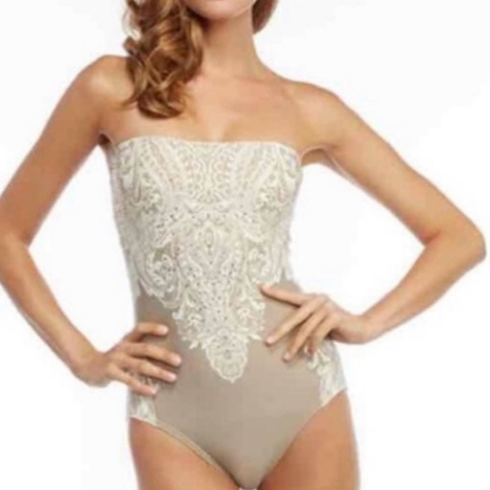 Carmen Marc Valvo Beaded Bandeau One Piece Swimsuit With Removable Soft Cups